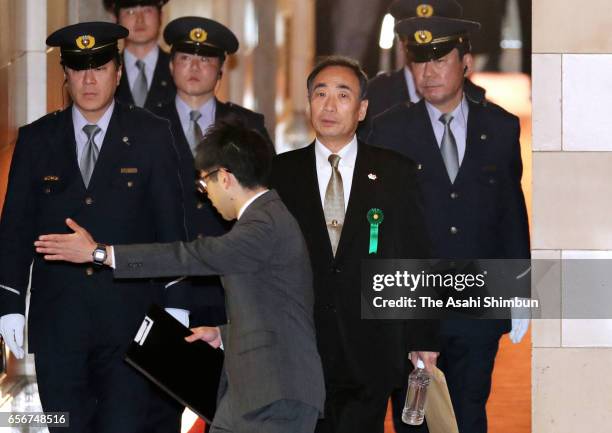 Head director of school operator 'Moritomo Gakuen' Yasunori Kagoike arrives prior to an upper house budget committee at the diet building on March...