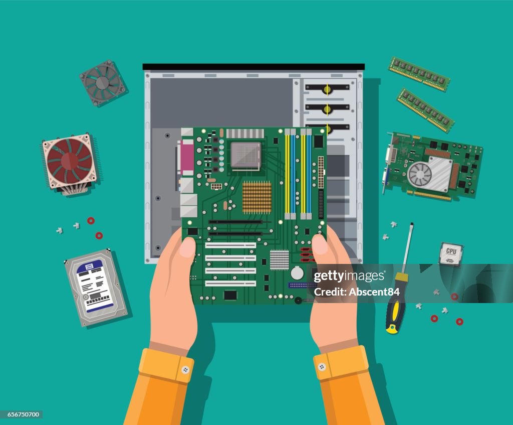 Decomposed Hardware Computer Assembling Pc Personal Computer Hardware High-Res Vector Graphic ...