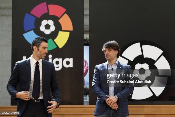 LaLiga ambassadors, Fernando Sanz and Fernando Morientes attend the launch of LaLiga at the Supreme Court Terrace, National Gallery Singapore on...