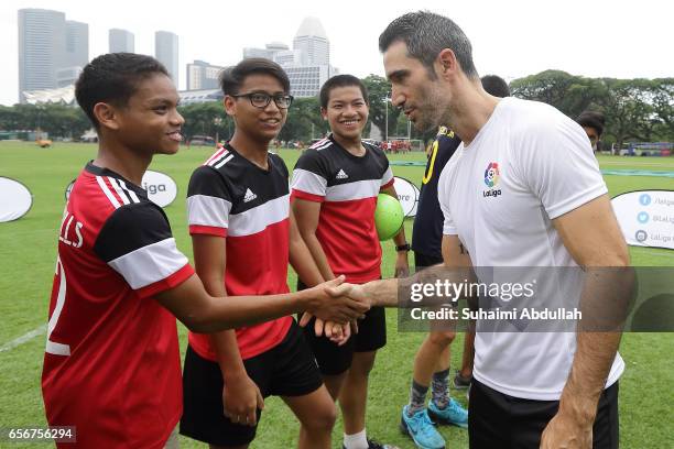 LaLiga ambassador, Fernando Sanz meets with the Sportif Youth footballers after the launch of LaLiga at the Supreme Court Terrace, National Gallery...