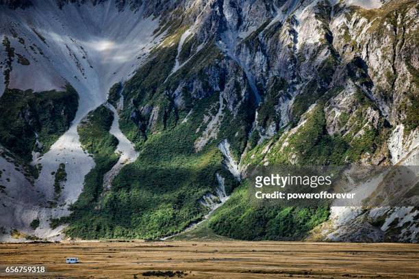 camper van at mount cook of the southern alps in new zealand - mount cook stock pictures, royalty-free photos & images
