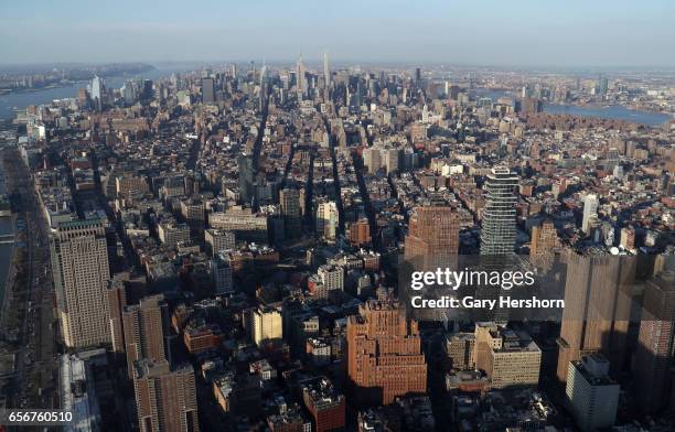 The neighbourhood of Tribeca is seen in front of midtown Manhattan as viewed from the One World Observatory at One World Trade Center on March 21,...
