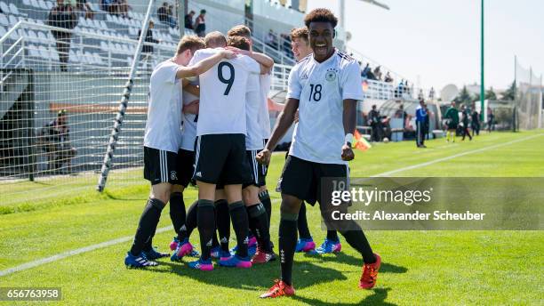Dennis Jastrzembski of Germany celebrates the first goal for his team during the UEFA U17 elite round match between Germany and Armenia on March 23,...
