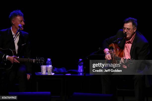 Lyle Lovett and Vince Gill perform in support of their "Songs and Stories Tour" at Fred Kavli Theatre on March 22, 2017 in Thousand Oaks, California.