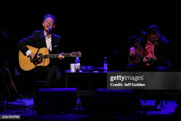 Lyle Lovett and Vince Gill perform in support of their "Songs and Stories Tour" at Fred Kavli Theatre on March 22, 2017 in Thousand Oaks, California.