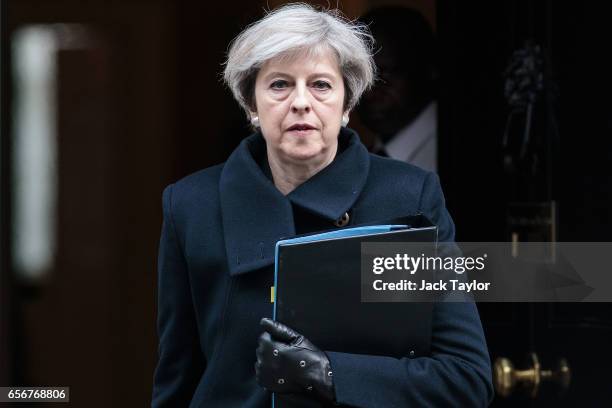 Prime Minister Theresa May leaves Downing Street on March 23, 2017 in London, England. The British Prime Minister Theresa May spoke last night after...