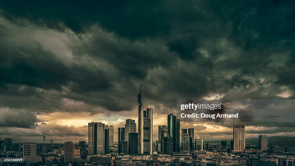 Frankfurt skyline under storym skies