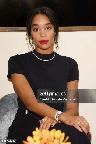 Laura Harrier attends Bvlgari press Breakfast At Baselworld 2017 on March 23, 2017 in Basel, Switzerland.