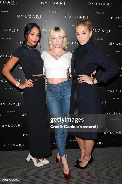 Laura Harrier, Caroline Vreeland and Jasmine Sanders attend Bvlgari press Breakfast At Baselworld 2017 on March 23, 2017 in Basel, Switzerland.