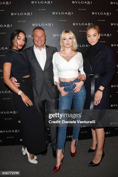 Laura Harrier, Jean-Christophe Babin, Caroline Vreeland and Jasmine Sanders attend Bvlgari press Breakfast At Baselworld 2017 on March 23, 2017 in...