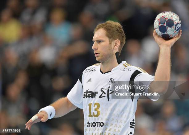 Steffen Weinhold of Kiel in action during the first leg round of 16 EHF Champions League match between THW Kiel and Rhein Neckar Loewen at Sparkassen...