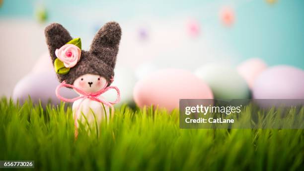 easter still life with handmade bunny in grass - shabby chic stock pictures, royalty-free photos & images