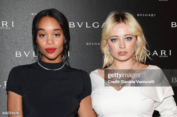 Laura Harrier and Caroline Vreeland attend Bvlgari press Breakfast At Baselworld 2017 on March 23, 2017 in Basel, Switzerland.