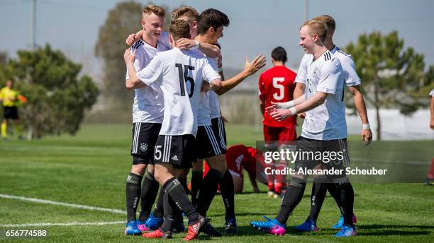 Elias Abouchabaka of Germany celebrates the fourth goal of his team during the UEFA U17 elite round match between Germany and Armenia on March 23,...