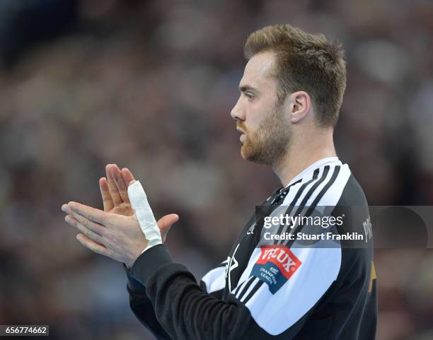 Andreas Wolff of Kiel claps during the first leg round of 16 EHF Champions League match between THW Kiel and Rhein Neckar Loewen at Sparkassen Arena...