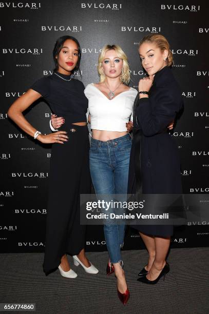 Laura Harrier, Caroline Vreeland and Jasmine Sanders attend Bvlgari press Breakfast At Baselworld 2017 on March 23, 2017 in Basel, Switzerland.