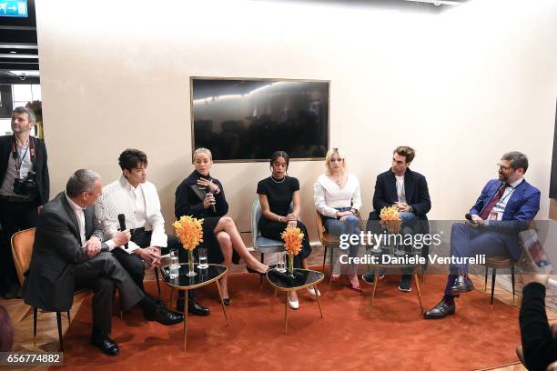 Jean-Christophe Babin, Kris Wu, Jasmine Sanders, Laura Harrier, Caroline Vreeland, Jon Kortajarena and Guido Terreni attend Bvlgari press Breakfast...