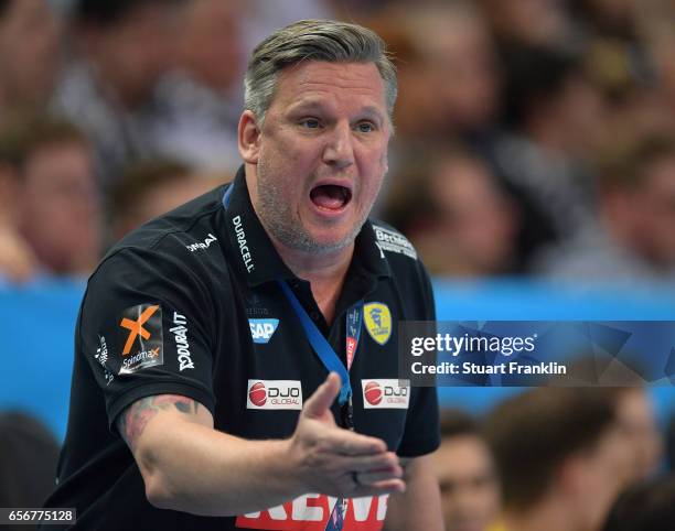 Nikolaj Jacobsen, head coach of Rhein Neckar reacts during the first leg round of 16 EHF Champions League match between THW Kiel and Rhein Neckar...