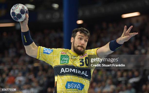 Geden Guardiola of Rhein Neckar in action during the first leg round of 16 EHF Champions League match between THW Kiel and Rhein Neckar Loewen at...