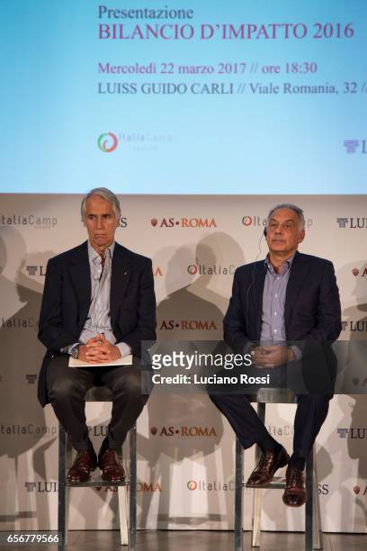 Roma president James Pallotta and Giovanni Malago attend an AS Roma press conference to launch new impact report on March 22, 2017 in Rome, Italy.