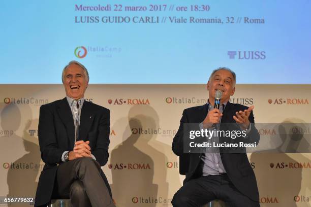 Roma president James Pallotta and Giovanni Malago attend an AS Roma press conference to launch new impact report on March 22, 2017 in Rome, Italy.