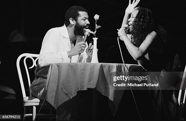 American singersongwriter Teddy Pendergrass singing a duet wih a female artist, New York, 1981.