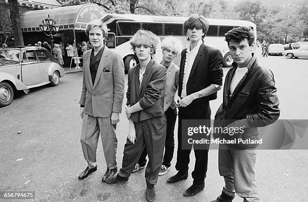 English new romantic group Duran Duran in New York, 1981. Left to right: singer Simon Le Bon, keyboard player Nick Rhodes, guitarist Andy Taylor,...