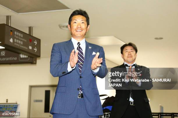 Hiroki Kokubo of Japan talks to players on arrival at Narita International Airport on March 23, 2017 in Narita, Chiba, Japan.