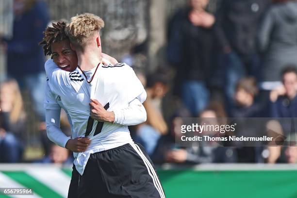 Etienne Amenyido celebrates his goal with Robin Hack of Germany during UEFA Under-19 European Championship qualifiers between U19 Germany and U19...