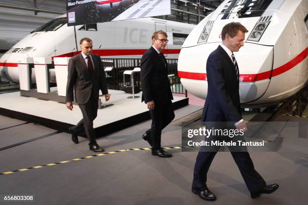 Richard Lutz Chairman of the DB Deutsche Bahn or german Railways arrives with two members of the board Berthold Huber and Ronand Pofalla at the Press...