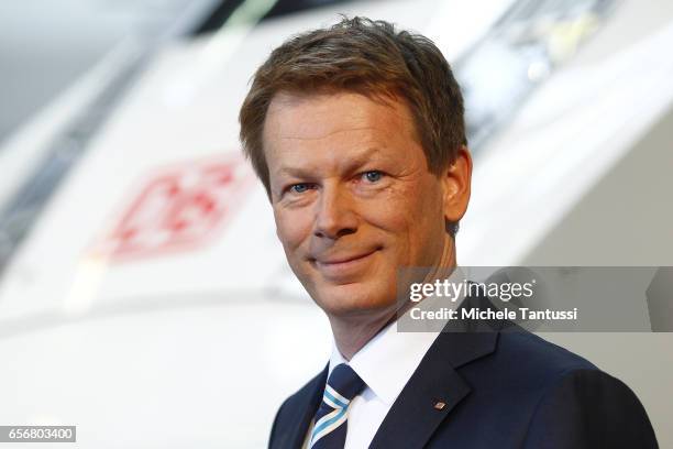 Richard Lutz Chairman of the DB Deutsche Bahn or german Railways Poses in front of an ICE 4 Train at the Press conference to announce the financial...