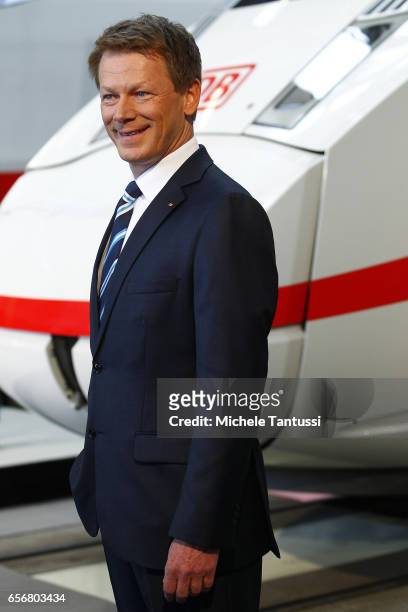 Richard Lutz Chairman of the DB Deutsche Bahn or german Railways Poses in front of an ICE 4 Train at the Press conference to announce the financial...