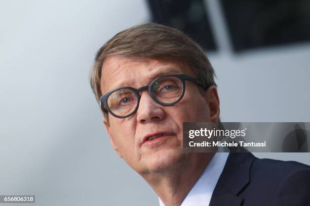 Or Deutsche Bahn Manager Ronand Pofalla speaks during the Press conference to announce the financial results on March 23, 2017 in Berlin, Germany.