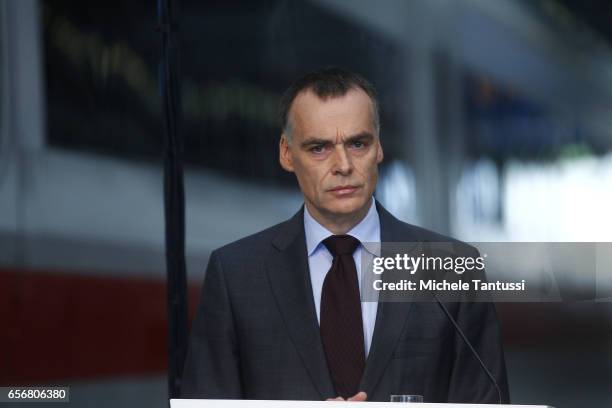 Or Deutsche Bahn Manager Berthold Huber speaks during the Press conference to announce the financial results on March 23, 2017 in Berlin, Germany.