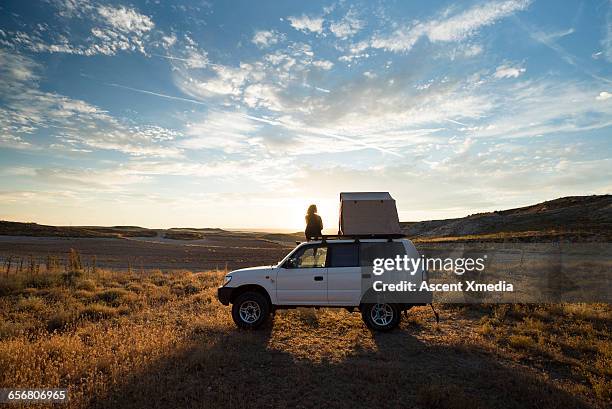 woman looks out from top of vehicle with tent - être à l'arrêt photos et images de collection