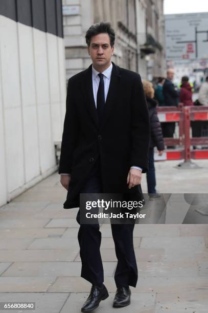 Former Labour leader Ed Miliband walks along Whitehall on March 23, 2017 in London, England. Four people have been killed and around 40 people...