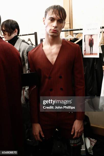 Model backstage ahead of the New Gen show during Mercedes-Benz Istanbul Fashion Week March 2017 at Grand Pera on March 23, 2017 in Istanbul, Turkey.