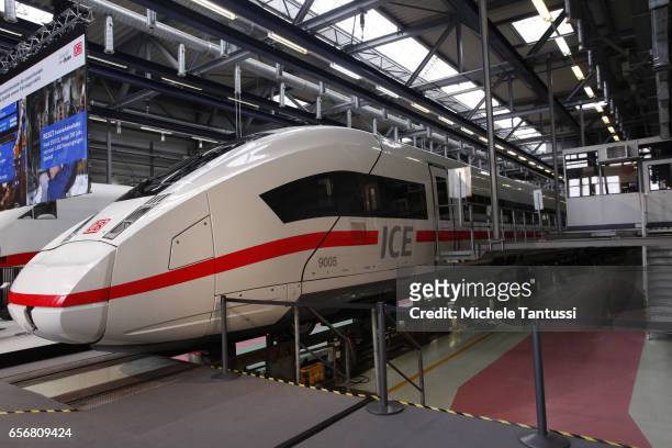 An ICE 4 Train stands in the DB- Detsche Bahn Facility center in Rummelsburg during the Press conference to announce the financial results on March...