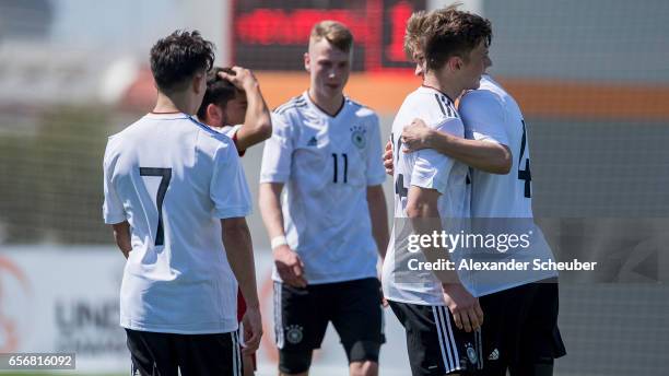 Players of Germany celebrate a goal during the UEFA U17 elite round match between Germany and Armenia on March 23, 2017 in Manavgat, Turkey.