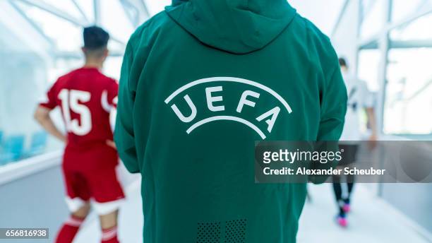 The UEFA signage is seen during the UEFA U17 elite round match between Germany and Armenia on March 23, 2017 in Manavgat, Turkey.