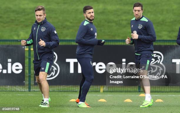 Ireland's Kevin Doyle, Shane Long and Stephen Ward during a training session at the FAI National Training Centre, Dublin.