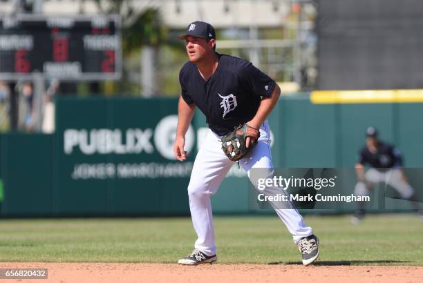 Joey Pankake of the Detroit Tigers fields during the Spring Training game against the Toronto Blue Jays at Publix Field at Joker Marchant Stadium on...