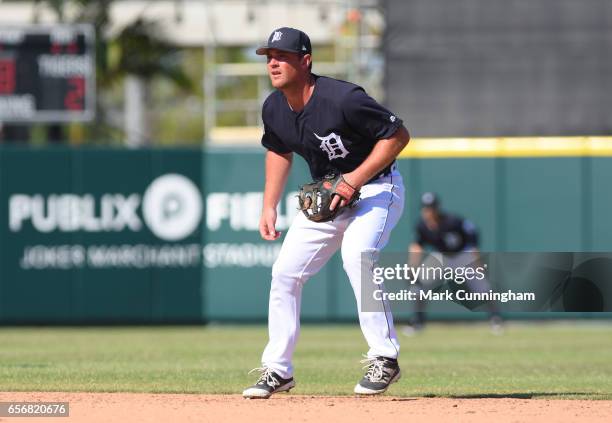 Joey Pankake of the Detroit Tigers fields during the Spring Training game against the Toronto Blue Jays at Publix Field at Joker Marchant Stadium on...