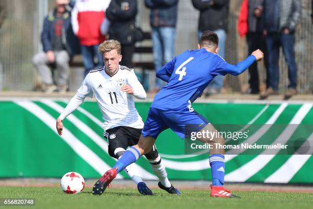 Robin Hack of Germany ifights for the ball with Christos Kallis during the UEFA Under-19 European Championship qualifiers between U19 Germany and U19...