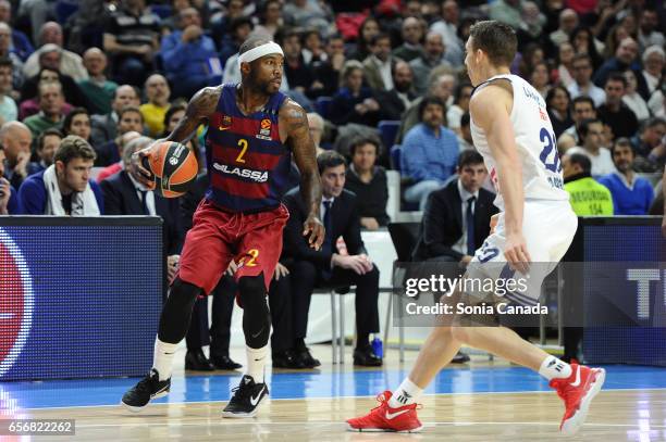 Tyrese Rice, #2 guard of FC Barcelona during the 2016/2017 Turkish Airlines Euroleague Regular Season Round 27 game between Real Madrid v FC...