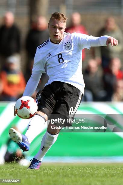 Niklas Schmidt of Germany in action with the ball during the UEFA Under-19 European Championship qualifiers between U19 Germany and U19 Cyprus on...