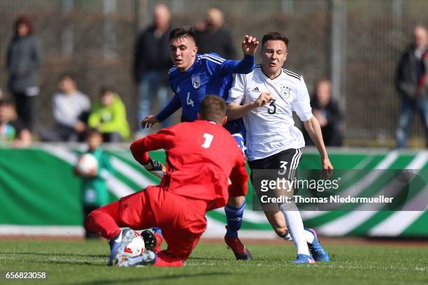 Dominik Franke of Germany fights for the ball with Christos Kallis of Cyprus during UEFA Under-19 European Championship qualifiers between U19...