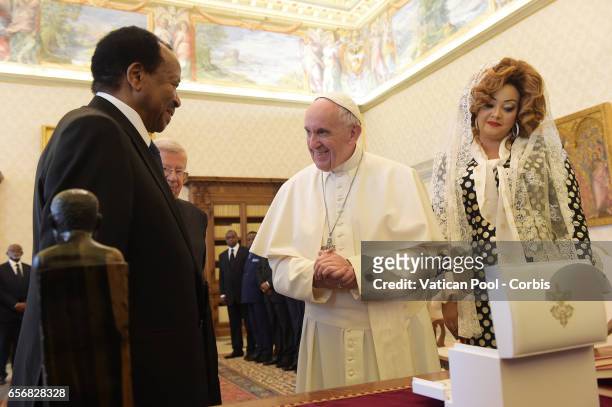 Pope Francis Meets President of Cameroon Paul Biya and wife Chantal on March 23, 2017 in Vatican City, Vatican.