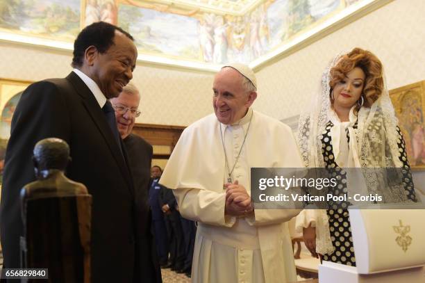 Pope Francis Meets President of Cameroon Paul Biya and wife Chantal on March 23, 2017 in Vatican City, Vatican.