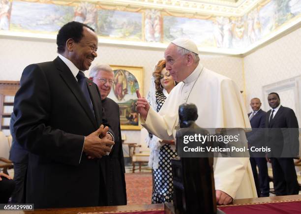 Pope Francis Meets President of Cameroon Paul Biya and wife Chantal on March 23, 2017 in Vatican City, Vatican.